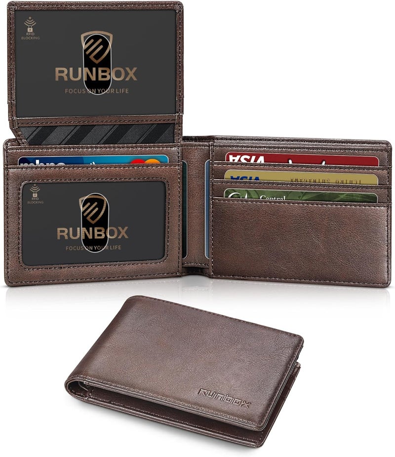 RUNBOX Wallet for Men Slim Rfid Leather 2 ID Window With Gift Box | Slim, Rfid, 2 ID Window, With Gift Box, Slim, Rfid - Image 1